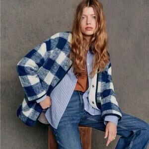 Sezane Farel Jacket Size 38 Medium Reversible Navy White Checkered Plaid Check